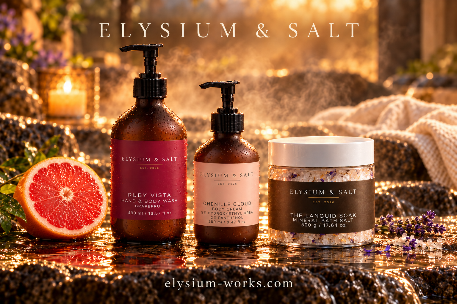 The Languid Soak 500 g, Ruby Vista 490 ml and Chenille Cloud 280 ml